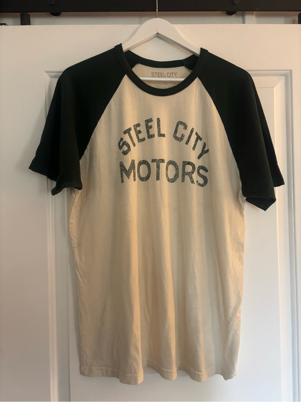 Steel City Motors Raglan Tee in Green and Cream